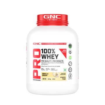 GNC Pro Performance 100% Whey Protein | New Formulation | 24g Protein, 5.7g BCAAs, 12.3g EAAs | Added DigeZyme® |  Low Carb (4.51g), No Added Sugar I Vanilla Cream I 1.81 Kg
