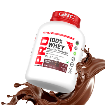GNC Pro Performance 100% Whey Protein | New Formulation | 24g Protein, 5.7g BCAAs, 12.3g EAAs | Added DigeZyme® |  Low Carb (4.51g), No Added Sugar I Chocolate Fudge I 1.81 Kg