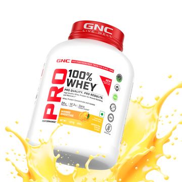 GNC Pro Performance 100% Whey Protein | New Formulation | 24g Protein, 5.7g BCAAs, 12.3g EAAs | Added DigeZyme® |  Low Carb (4.51g), No Added Sugar I Mango Smoothie I 1.81 Kg
