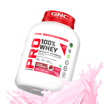 GNC Pro Performance 100% Whey Protein | New Formulation | 24g Protein, 5.7g BCAAs, 12.3g EAAs | Added DigeZyme® |  Low Carb (4.51g), No Added Sugar I Creamy Strawberry I 1.81 Kg
