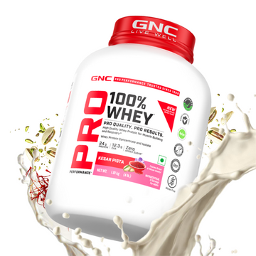 GNC Pro Performance 100% Whey Protein | New Formulation | 24g Protein, 5.7g BCAAs, 12.3g EAAs | Added DigeZyme® |  Low Carb (4.51g), No Added Sugar I Kesar Pista I 1.81 Kg