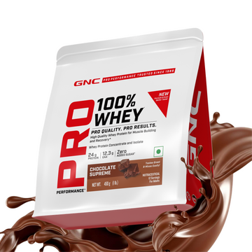 GNC Pro Performance 100% Whey Protein | New Formulation | 24g Protein, 5.7g BCAAs, 12.3g EAAs | Added DigeZyme® |  Low Carb (4.51g), No Added Sugar I Chocolate Supreme I 450 GM