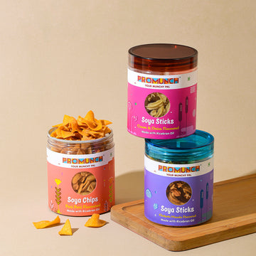 PROMUNCH Combo Pack - Soya Sticks (Chatpata Masala , Cream Onion) + Soya Chips (Peri Peri) - 100gm x 3