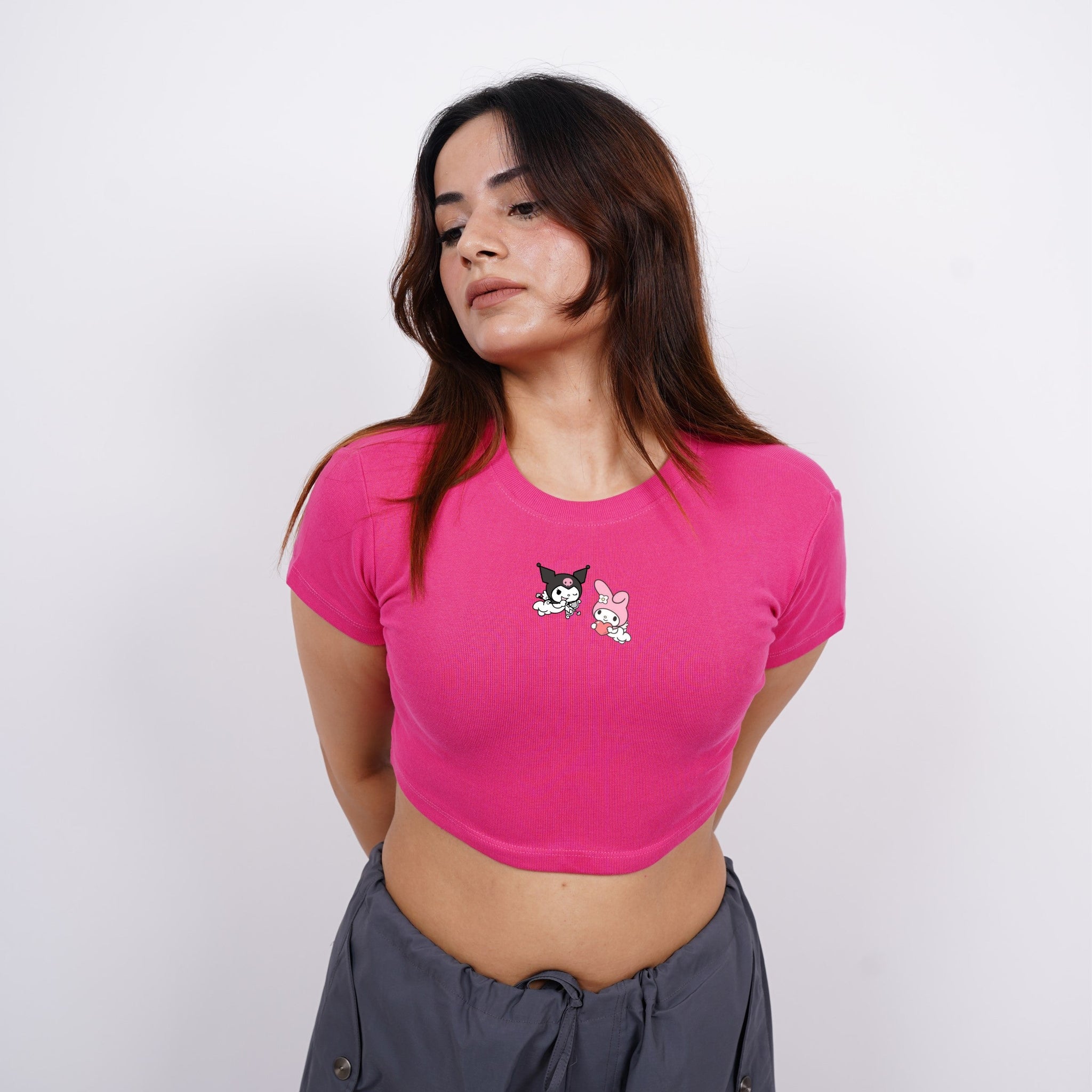 Kuromi Lovestruck  : Burger Bae Round Neck Crop Baby Tee For Women