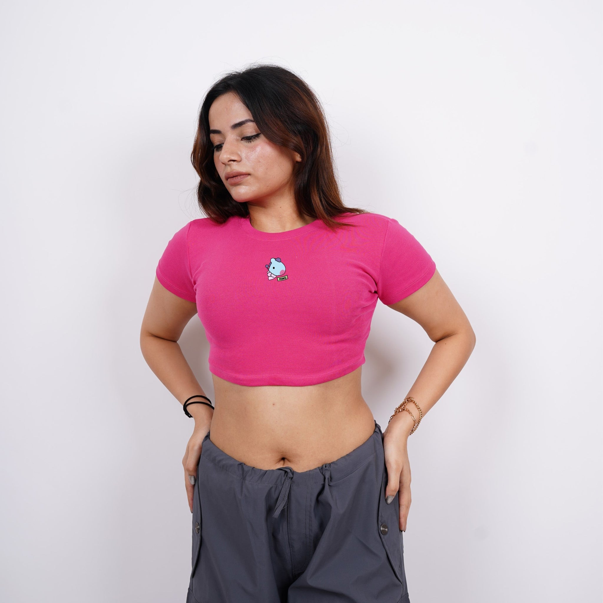 Mang BT21 : Burger Bae Round Neck Crop Baby Tee For Women
