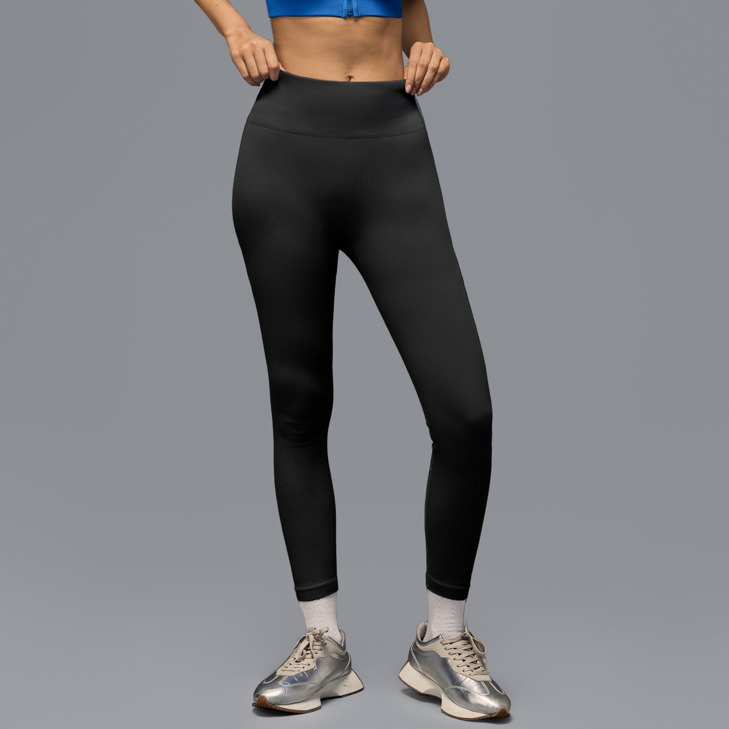 Limitless snatched mid waisted ribbed leggings - BLACK