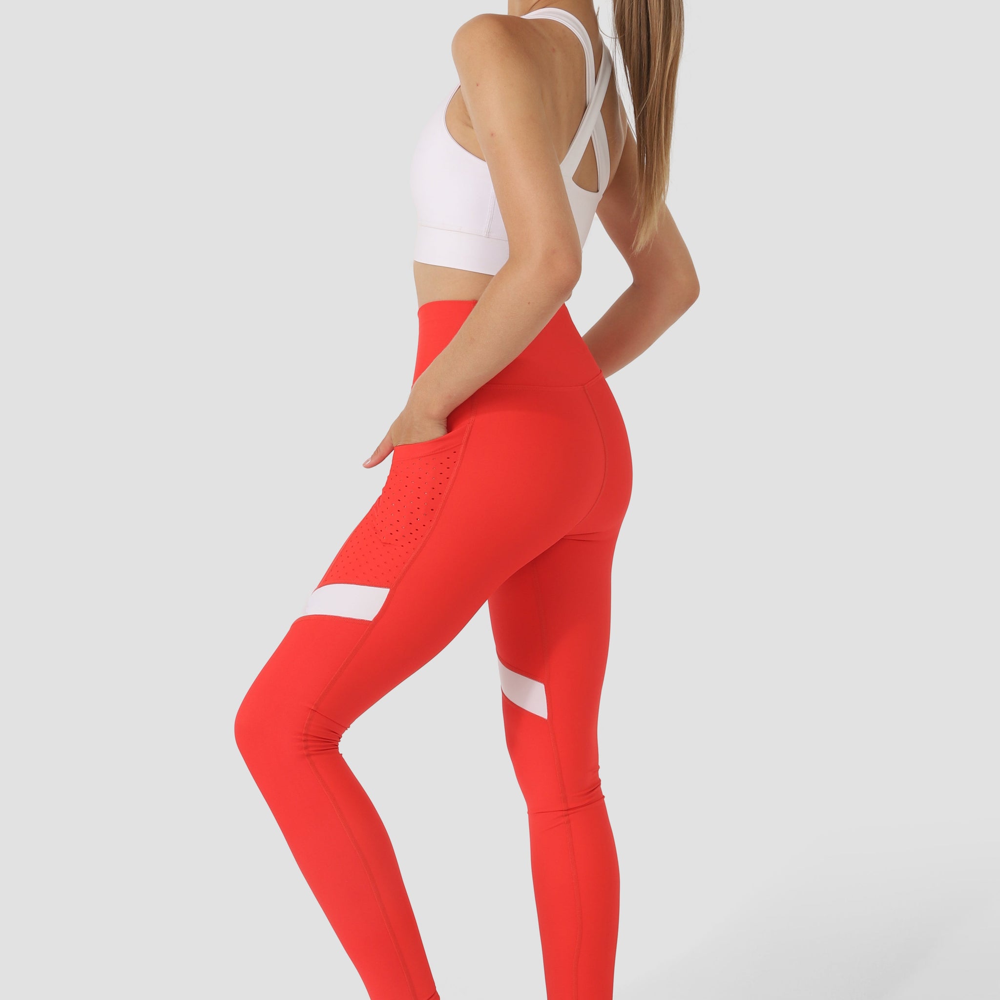 Garnished Pocket Sports Tights Vermilion - White