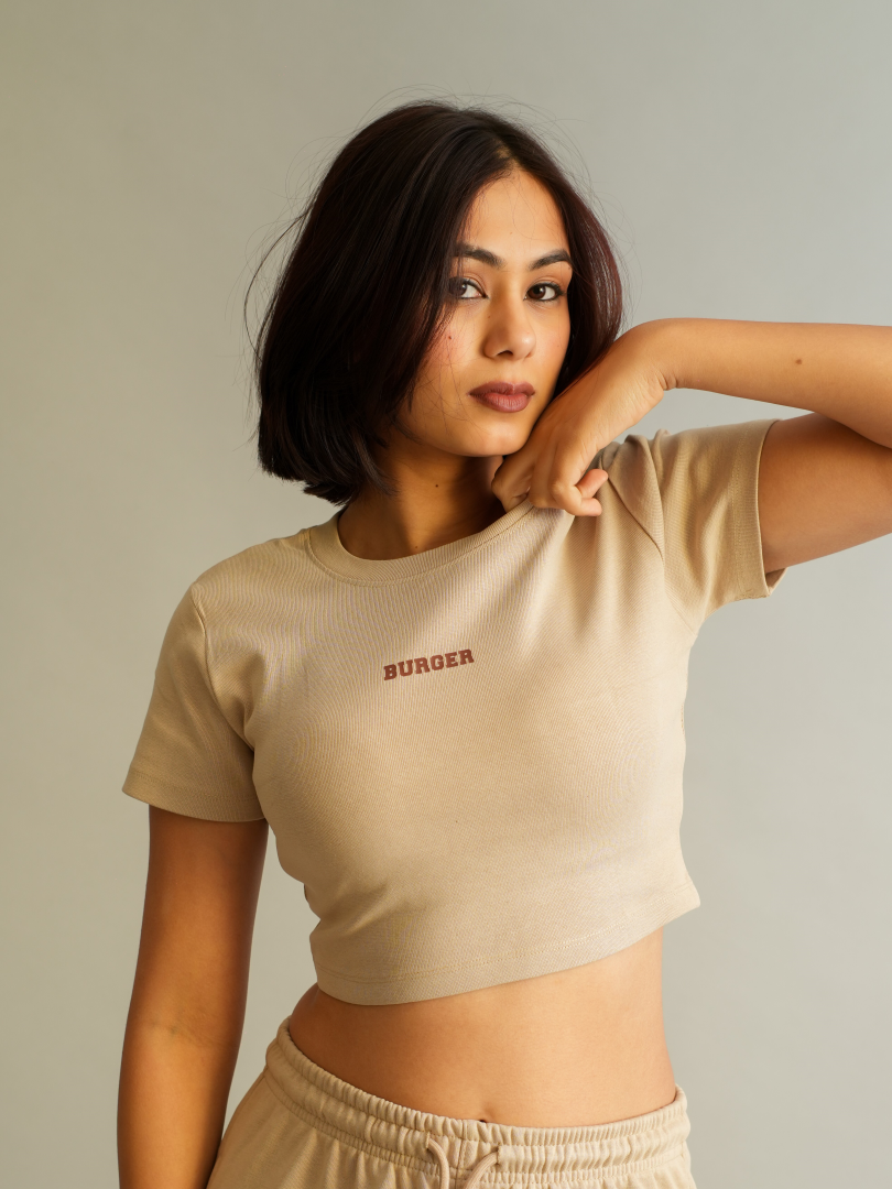 Minimal Burger logo : Round Neck Baby Tee for Women