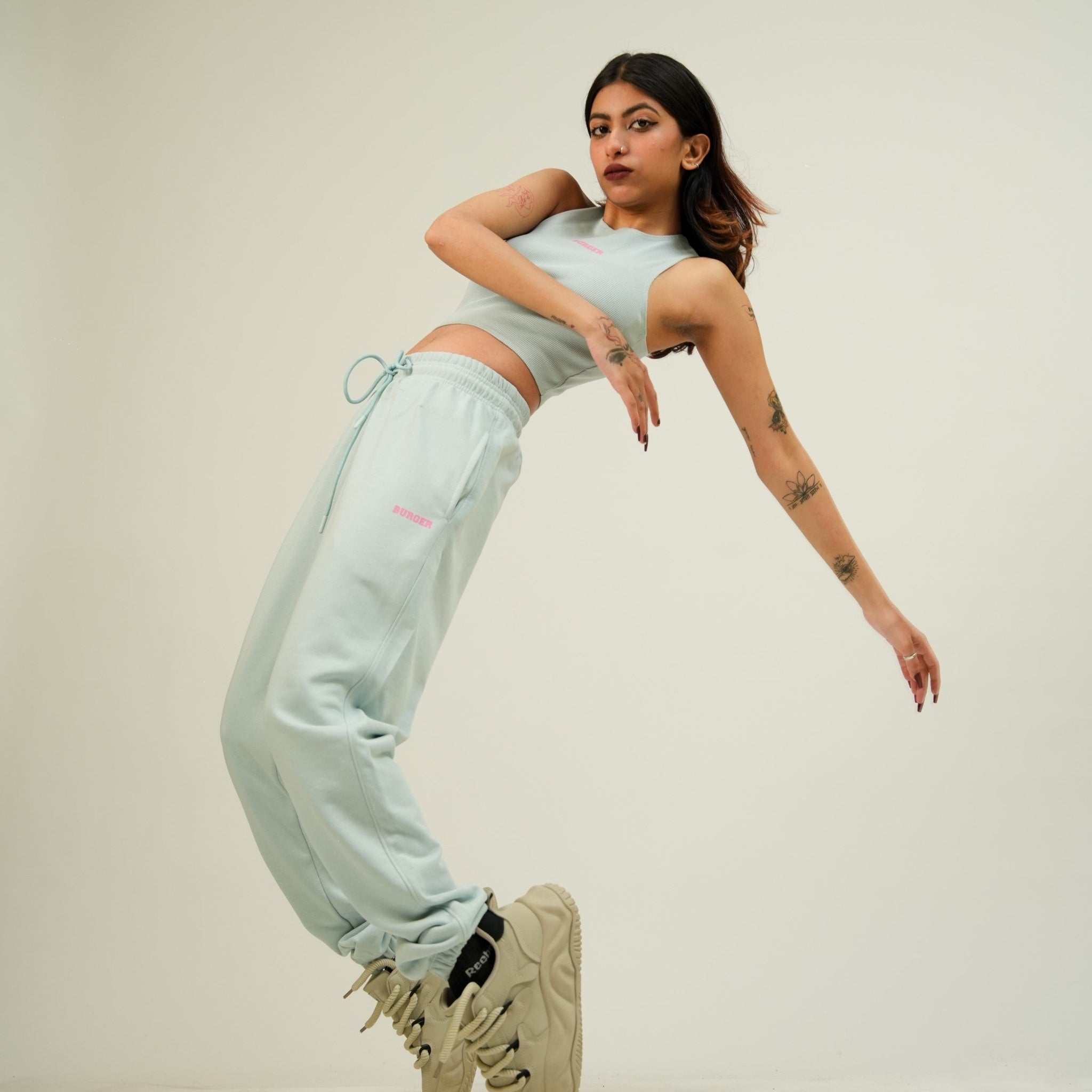 Pastel Sky Blue Burger Co ord Set (Racer + Gather Tracks) For Women