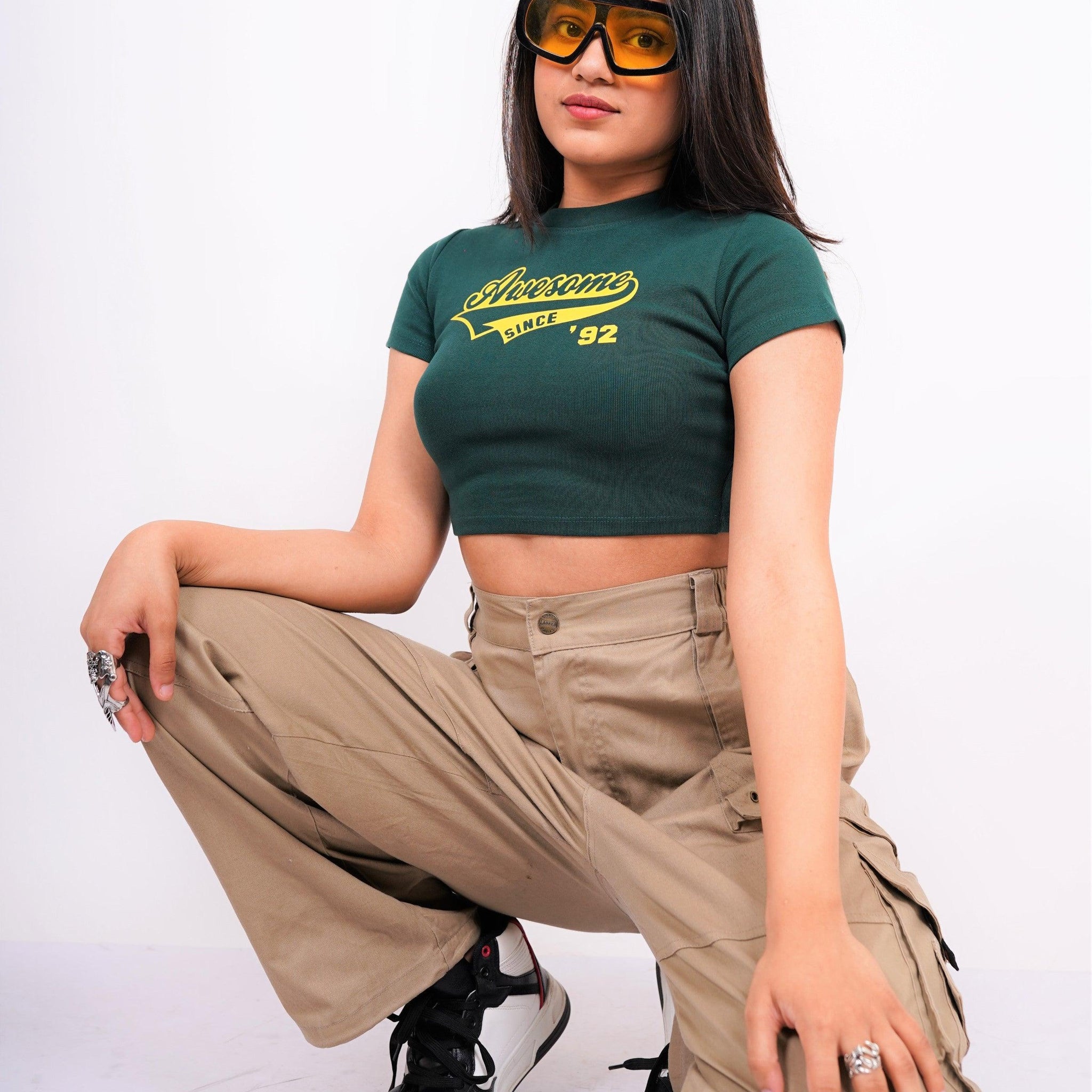 Awesome : Burger Bae Round Neck Crop Baby Tee For Women