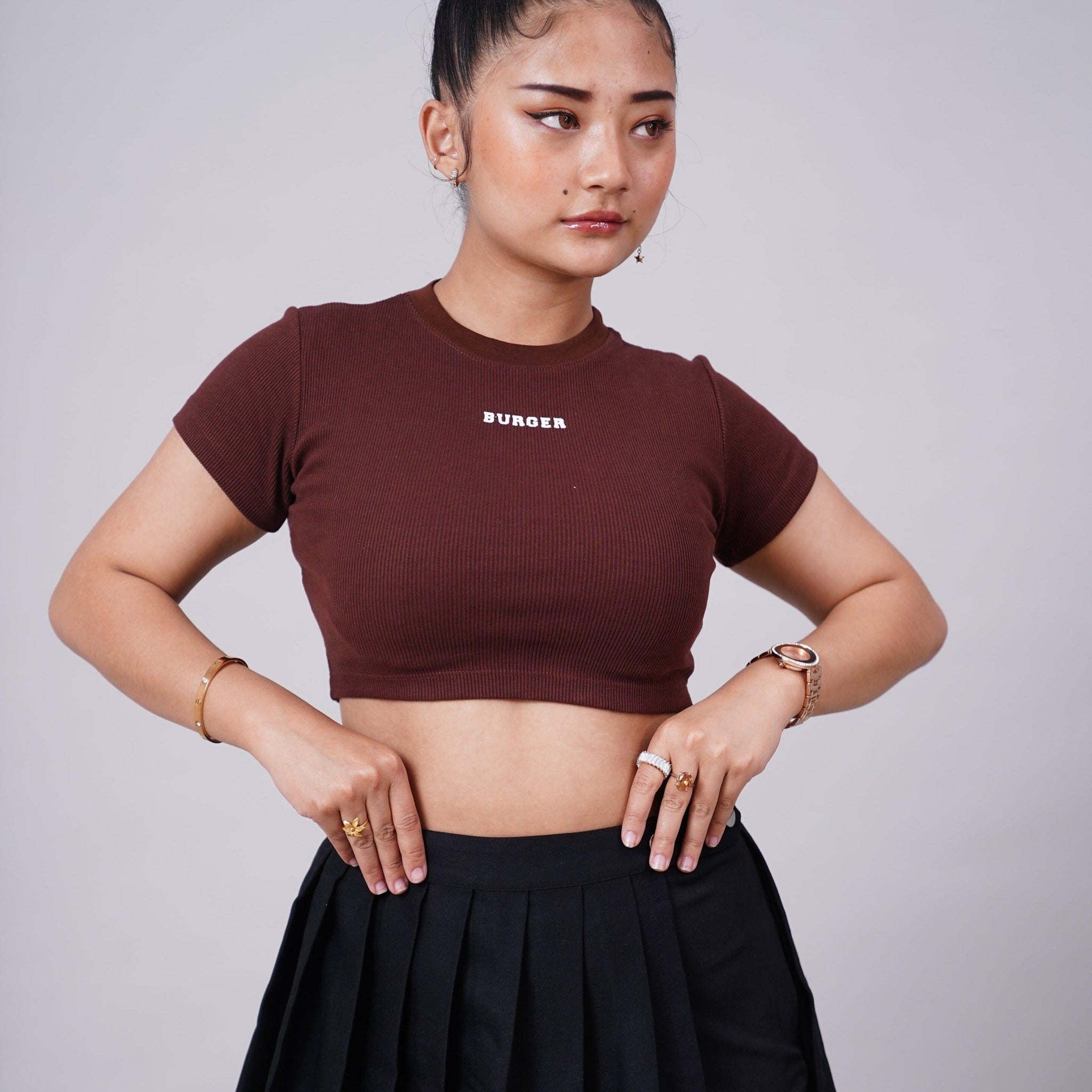 Burger logo Printed Crop Gigi Tee For Women (Coffee Brown)