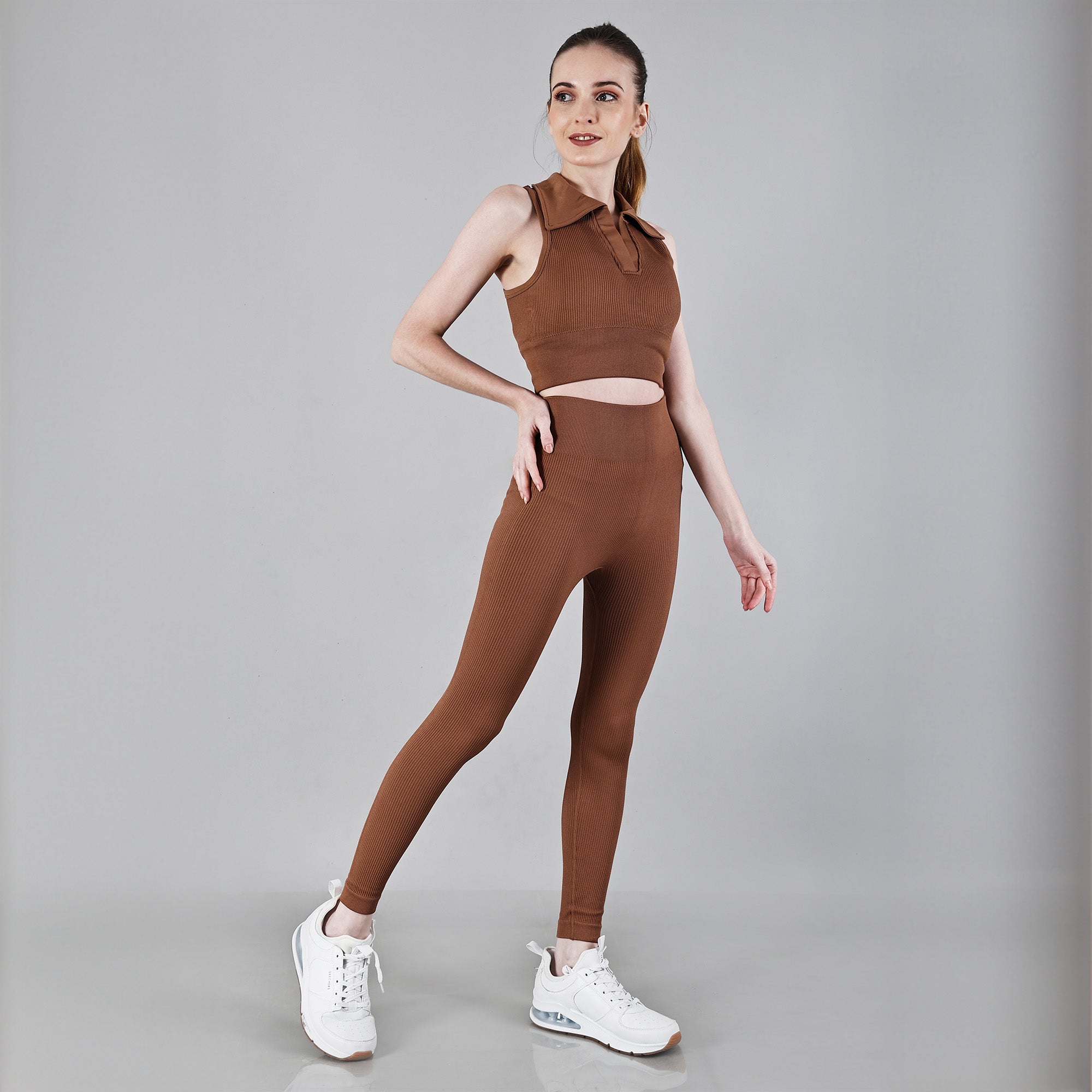 Chiclo Brown Ribbed Tights With Padded Top Workout Set