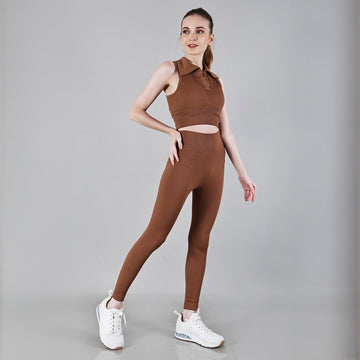 Chiclo Brown Ribbed Tights With Padded Top Workout Set