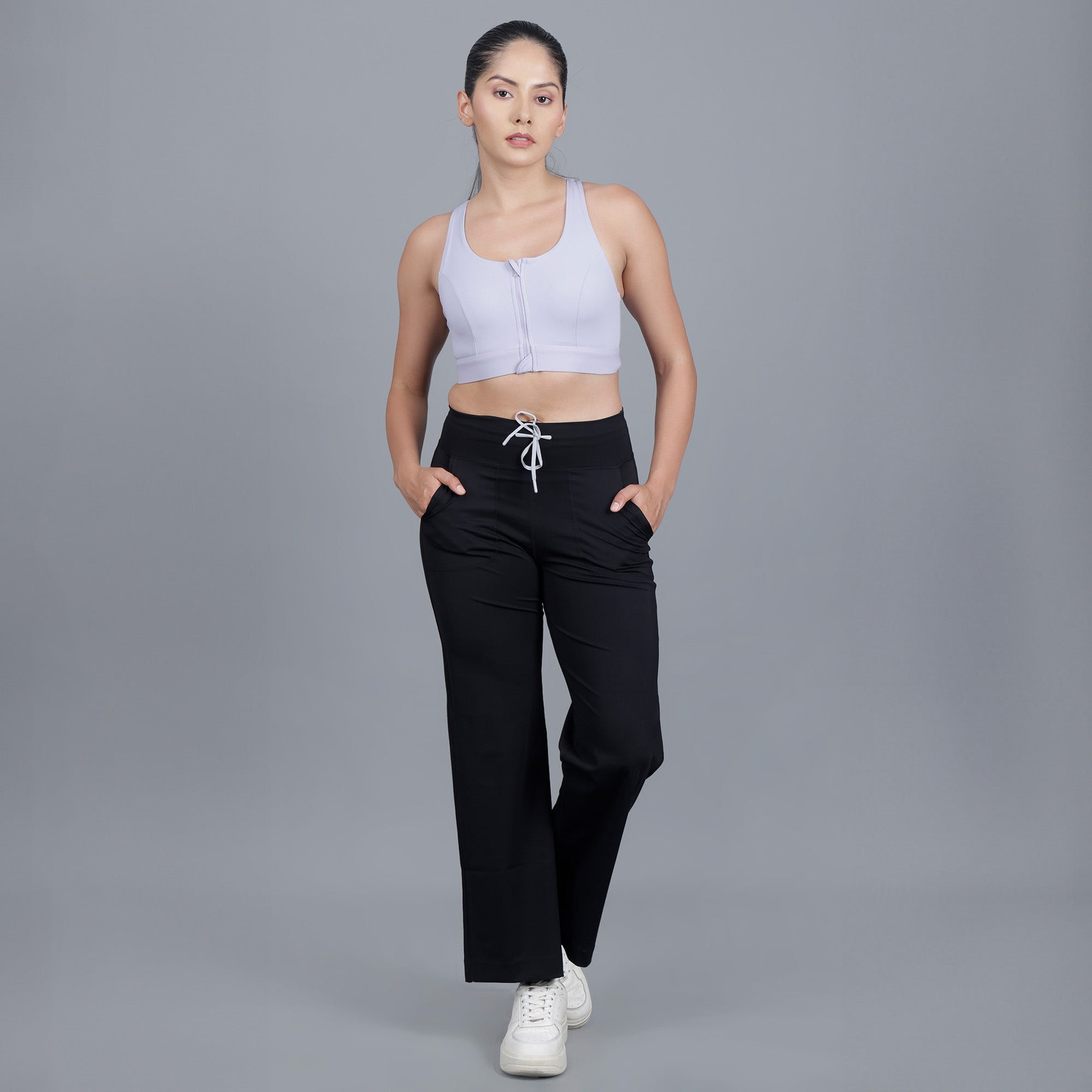 Chiclo Women's Black Wide Leg Pants With Lavender Sports Bra