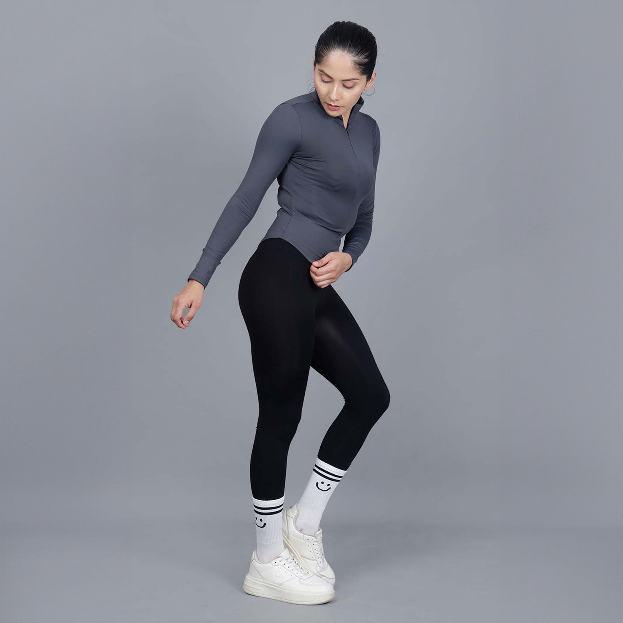 Chiclo Women's Set Featuring Black Tights, Grey Dri-fit T-shirt & Socks
