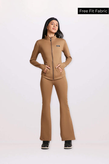 Co-ord Set: Good Girl Code Jacket & Flare Pants Set in Mountain Tan
