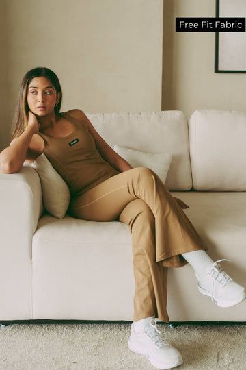 Co-ord Set: Good Girl Code Sports Bra and Flare Pants Set in Mountain Tan