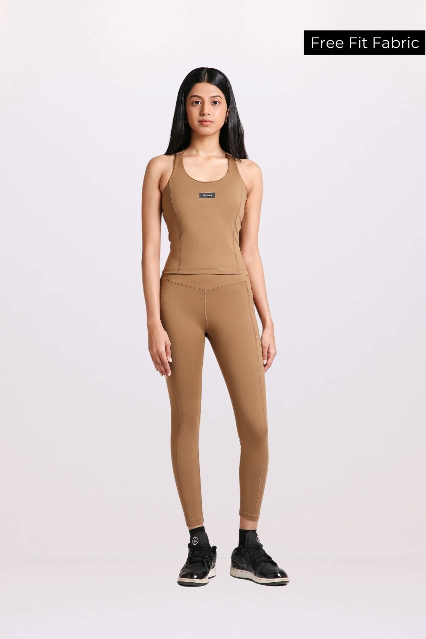 Co-ord Set: Good Girl Code Sports Bra & Cross-Leggings Set in Mountain Tan