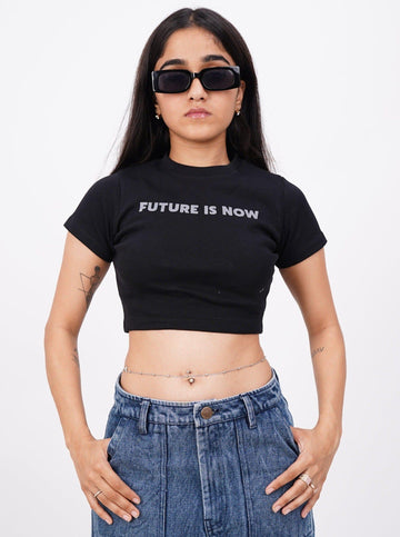 Future Is Now (Reflective) : Burger Bae Round Neck Crop Baby Tee For Women