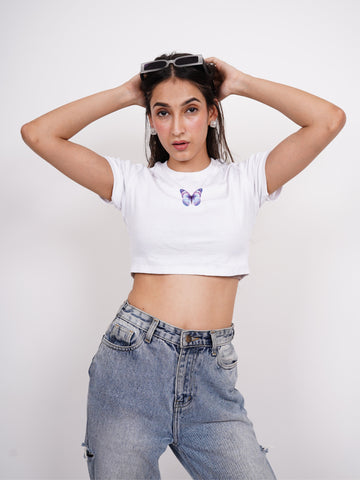 Holly Blue Butterfly : Burger Bae Round Neck Crop Baby Tee For Women