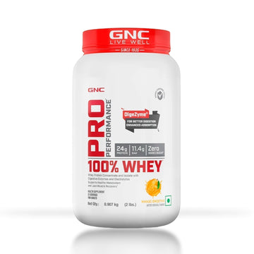 GNC Pro Performance 100% Whey Protein Powder | Boosts Strength & Endurance | Builds Lean Muscles | Fastens Muscle Recovery | Formulated In USA | 24g Protein | 5.5g BCAA | Mango Smoothie | 2 lbs