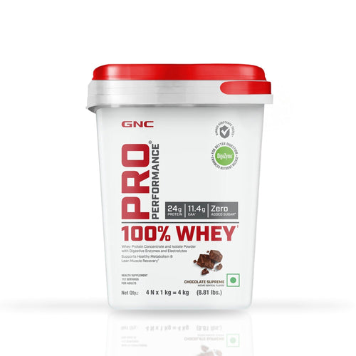 GNC Pro Performance 100% Whey Protein Powder | Boosts Strength & Endurance | Builds Lean Muscles | Fastens Muscle Recovery | Formulated In USA | 24g Protein | 5.5g BCAA | Chocolate Supreme | 4 Kg