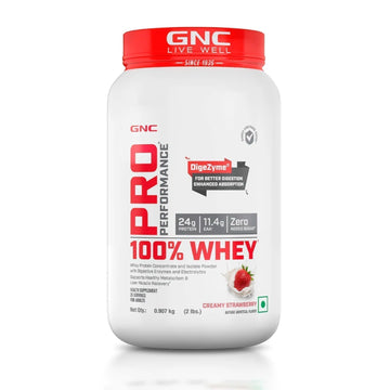 GNC Pro Performance 100% Whey Protein Powder | Boosts Strength & Endurance | Builds Lean Muscles | Fastens Muscle Recovery | Formulated In USA | 24g Protein | 5.5g BCAA | Creamy Strawberry | 2 lbs