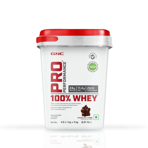 GNC Pro Performance 100% Whey Protein Powder | Boosts Strength & Endurance | Builds Lean Muscles | Fastens Muscle Recovery | Formulated In USA | 24g Protein | 5.5g BCAA | Chocolate Fudge | 4 Kg
