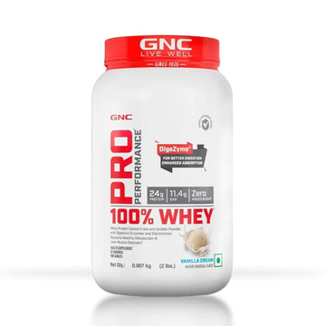 GNC Pro Performance 100% Whey Protein Powder | Boosts Strength & Endurance | Builds Lean Muscles | Fastens Muscle Recovery | Formulated In USA | 24g Protein | 5.5g BCAA | Vanilla Cream | 2 lbs