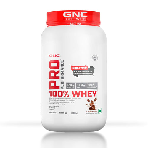 GNC Pro Performance 100% Whey Protein Powder | Boosts Strength & Endurance | Builds Lean Muscles | Fastens Muscle Recovery | Formulated In USA | 24g Protein | 5.5g BCAA | Cafe Mocha | 2 lbs