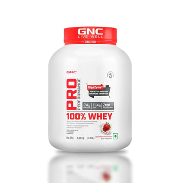 GNC Pro Performance 100% Whey Protein Powder | Boosts Strength & Endurance | Builds Lean Muscles | Fastens Muscle Recovery | Formulated In USA | 24g Protein | 5.5g BCAA | Creamy Strawberry | 4 lbs