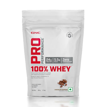 GNC Pro Performance 100% Whey Protein Powder | Boosts Strength & Endurance | Builds Lean Muscles | Fastens Muscle Recovery | Formulated In USA | 24g Protein | 5.5g BCAA | Chocolate Supreme | 450 Gms