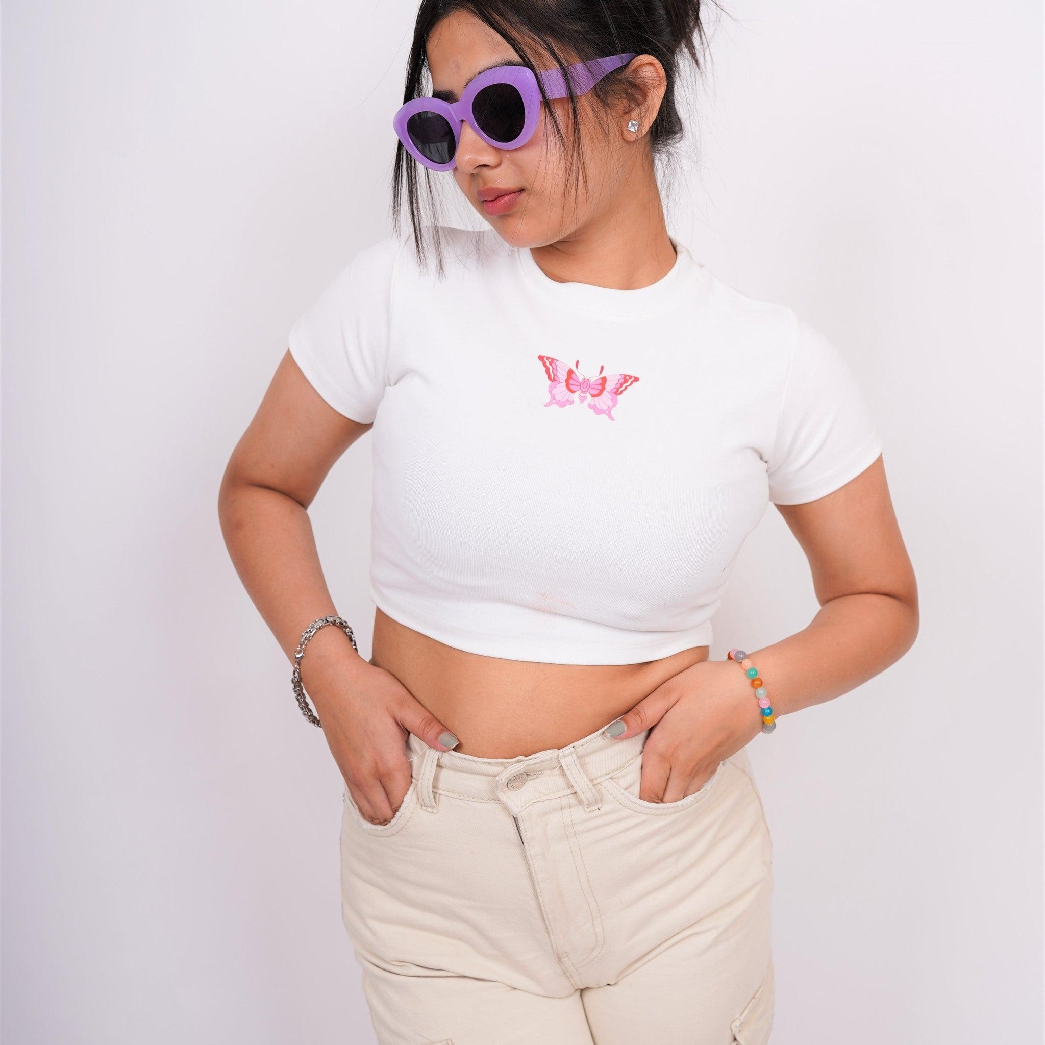 Pink Butterfly : Burger Bae Round Neck Crop Baby Tee For Women