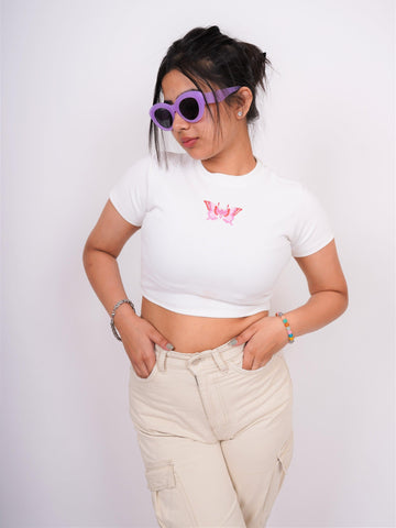 Pink Butterfly : Burger Bae Round Neck Crop Baby Tee For Women