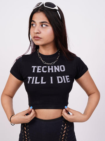 Techno Till I Die (Reflective) : Burger Bae Round Neck Crop Baby Tee For Women